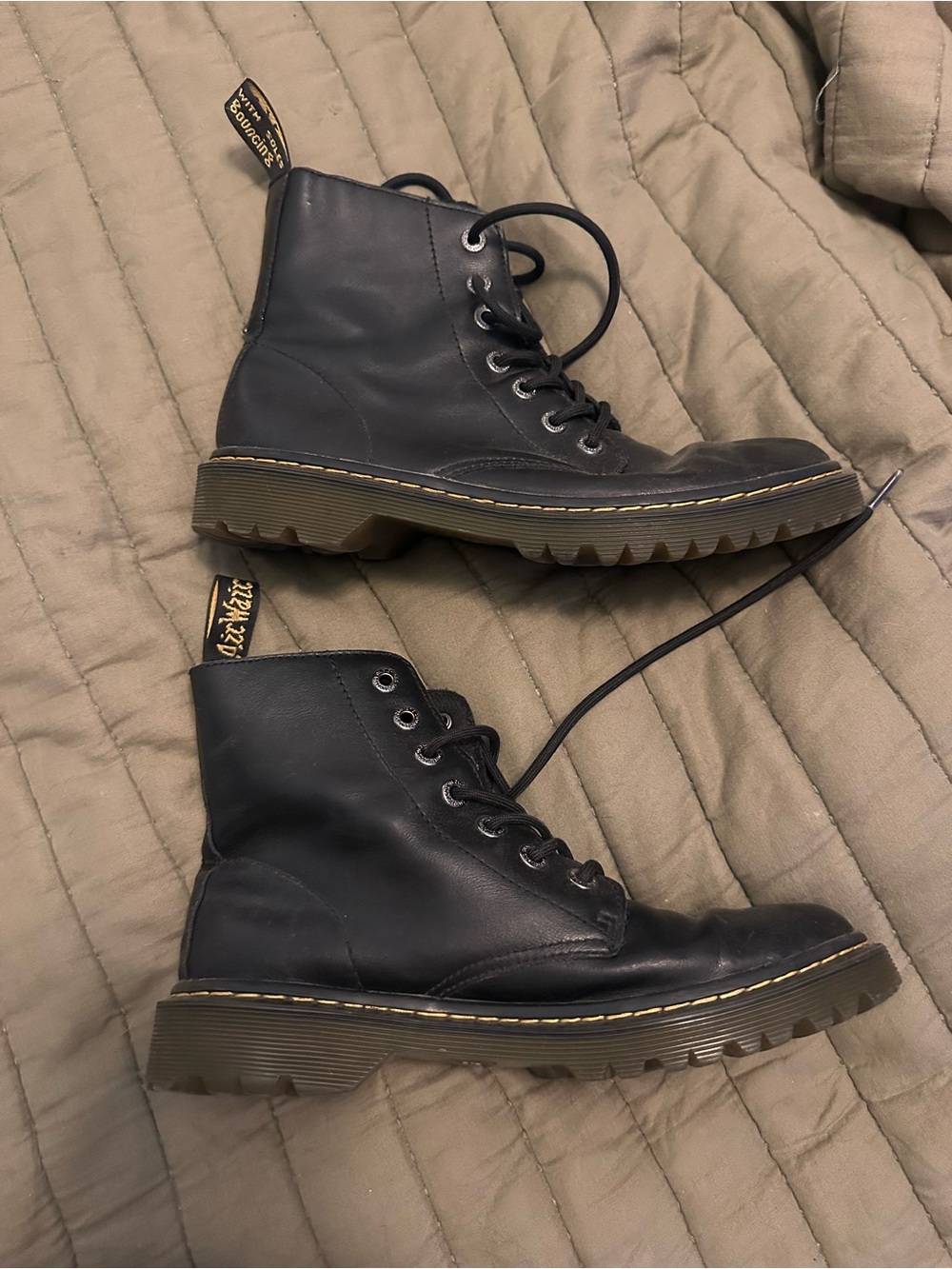Dr. Martens Black Leather Lace-Up Boots with Yellow Stitching